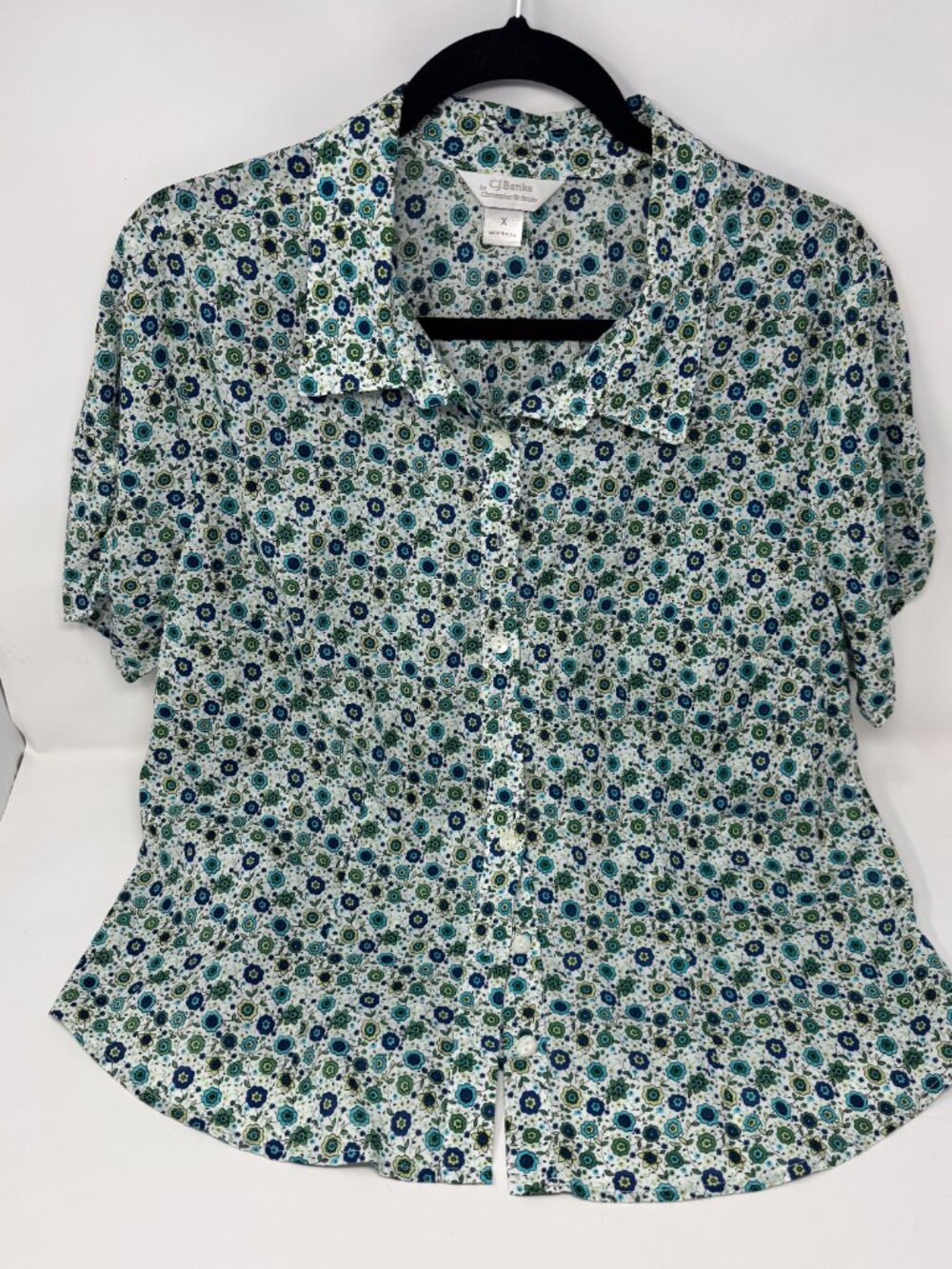 CJ Banks Floral Button Front Blouse Womens XL Blue Green Cottagecore Short Sleev
